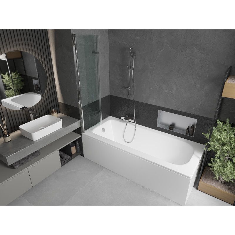 Rektangulært badekar Mexen Vega 150 x 70 cm med front- og sidepanel samt 2-fløjet brusevæg 80 cm i transparent krom, 1 sæt