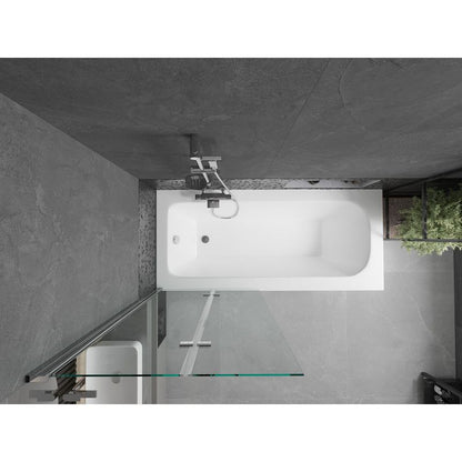 Rektangulært badekar Mexen Vega 150 x 70 cm med front- og sidepanel samt 2-fløjet brusevæg 80 cm i transparent krom, 1 sæt