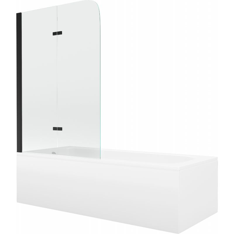 Rektangulært badekar Mexen Vega 150 x 70 cm med frontpanel, sidepanel og 2-fløjet brusevæg 80 cm i transparent sort