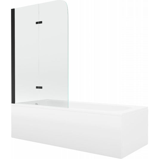 Rektangulært badekar Mexen Vega 150 x 70 cm med frontpanel, sidepanel og 2-fløjet brusevæg 80 cm i transparent sort