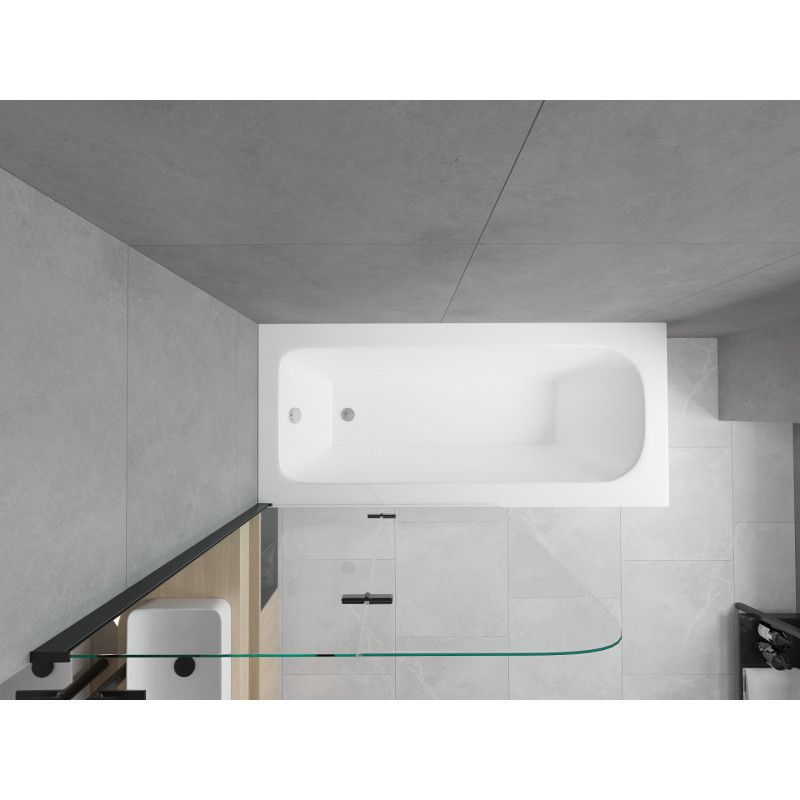 Rektangulært badekar Mexen Vega 150 x 70 cm med frontpanel, sidepanel og 2-fløjet brusevæg 80 cm i transparent sort