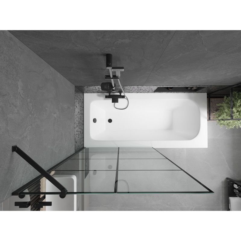 Rektangulært badekar Mexen Vega 160 x 70 cm med front- og sidepanel samt 1-fløjet brusevæg 100 cm i sort mønster, komplet sæt
