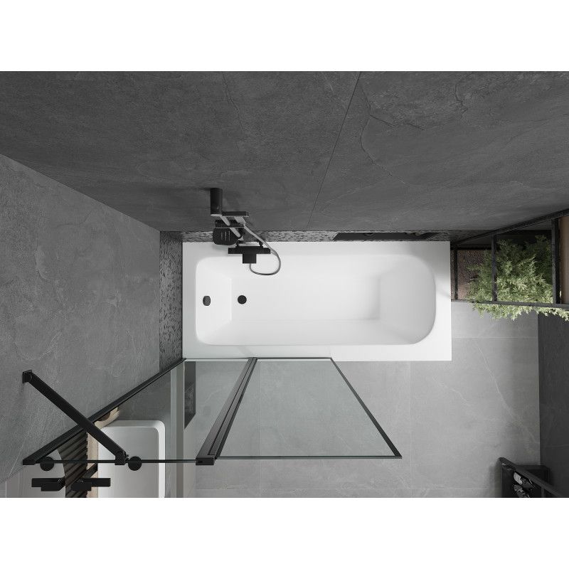 Rektangulært badekar Mexen Vega 160 x 70 cm med frontpanel og 1-fløjet brusevæg 100 cm i sort mønster, 1 sæt