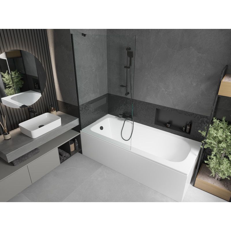 Rektangulært badekar Mexen Vega 160 x 70 cm med frontpanel og 1-fløjet brusevæg 100 cm transparent sort 1 sæt