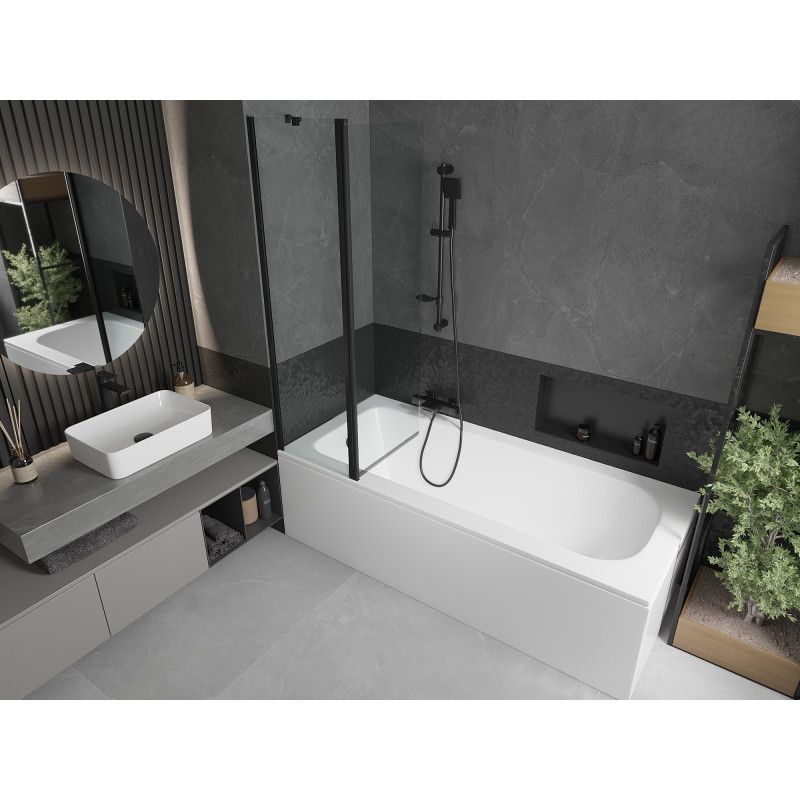 Rektangulært badekar Mexen Vega 160 x 70 cm med frontpanel og 1-fløjet brusevæg 100 cm transparent sort 1 sæt