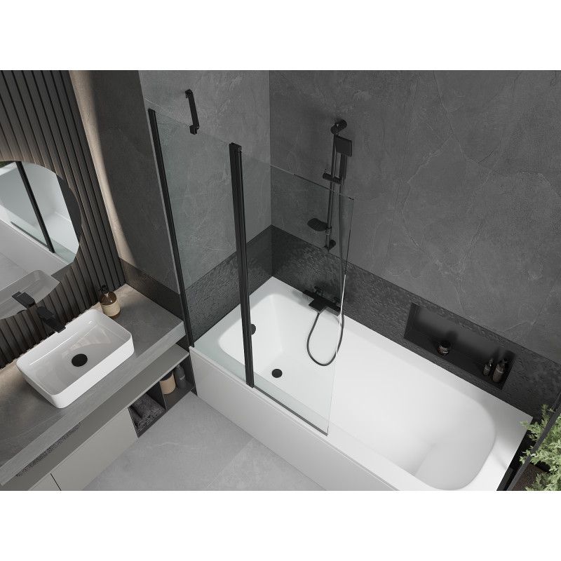 Rektangulært badekar Mexen Vega 160 x 70 cm med frontpanel og 1-fløjet brusevæg 100 cm transparent sort 1 sæt
