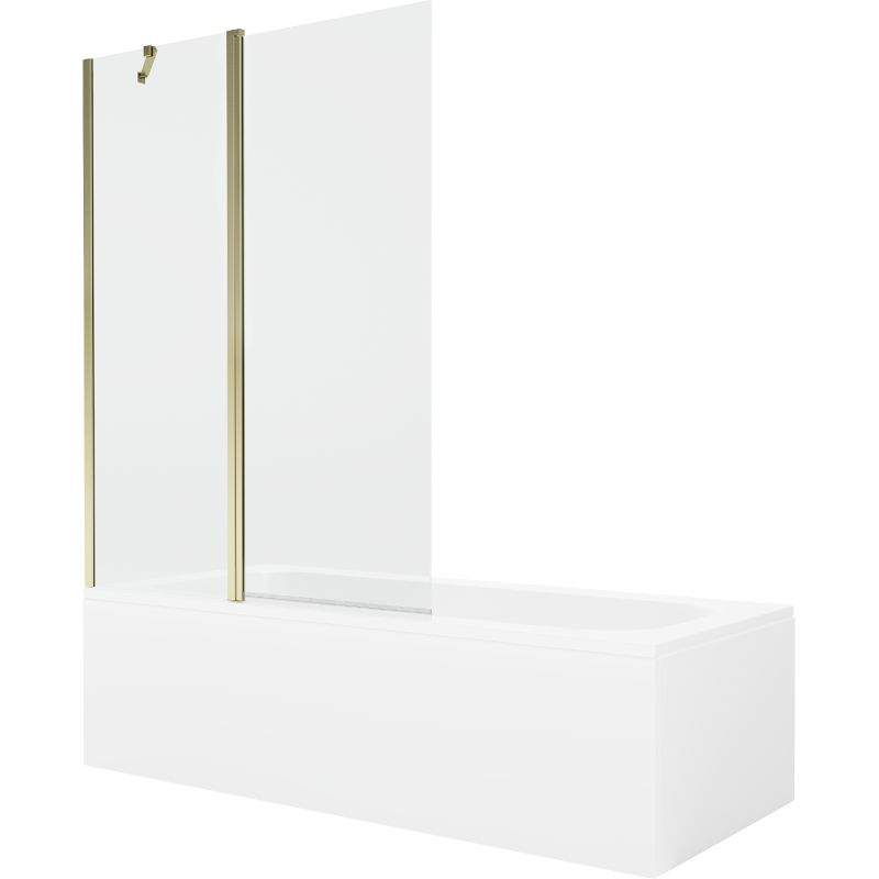 Rektangulært badekar Mexen Vega 160 x 70 cm med front- og sidebeklædning samt 1-fløjet brusevæg 120 cm i transparent guld