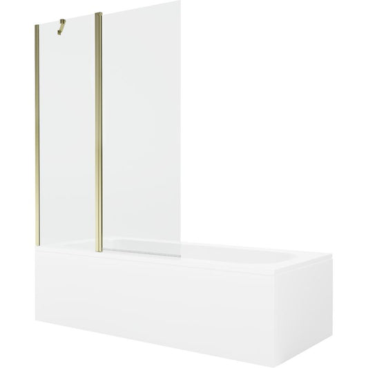 Rektangulært badekar Mexen Vega 160 x 70 cm med front- og sidebeklædning samt 1-fløjet brusevæg 120 cm i transparent guld