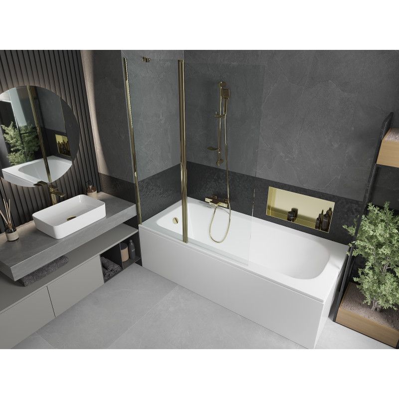 Rektangulært badekar Mexen Vega 160 x 70 cm med front- og sidebeklædning samt 1-fløjet brusevæg 120 cm i transparent guld
