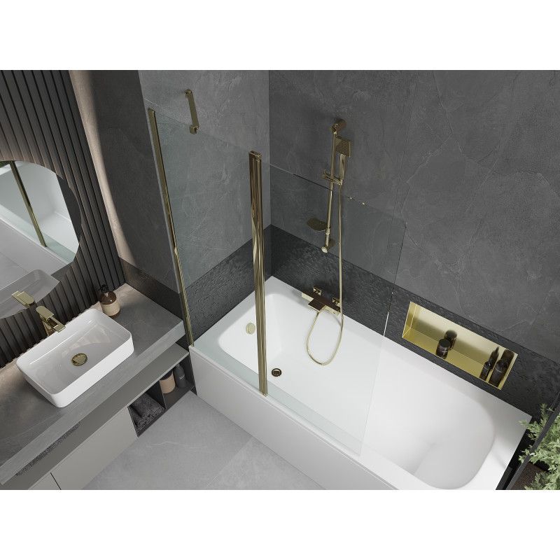 Rektangulært badekar Mexen Vega 160 x 70 cm med front- og sidebeklædning samt 1-fløjet brusevæg 120 cm i transparent guld