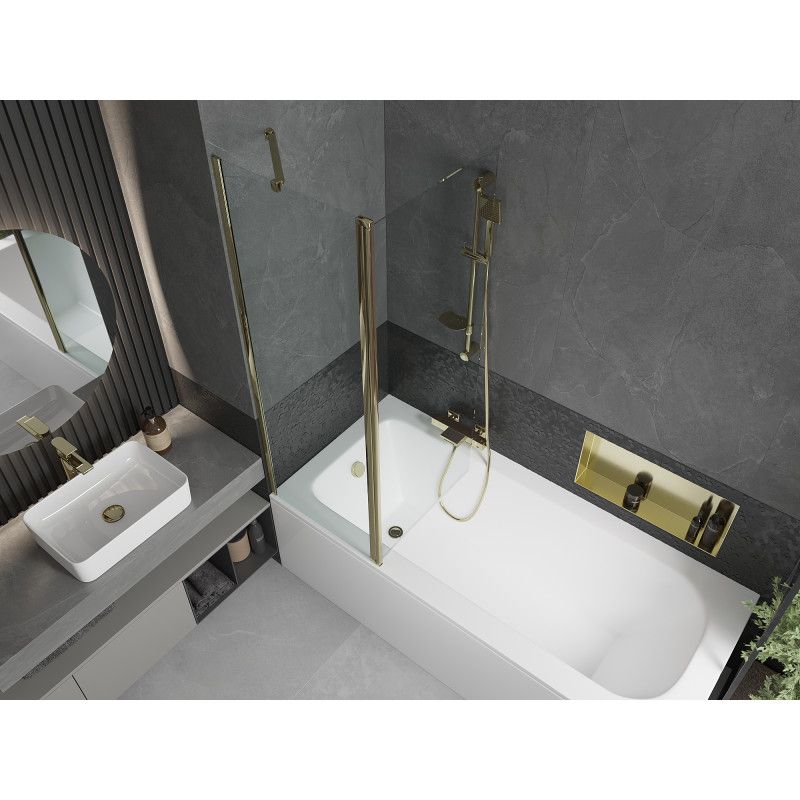 Rektangulært badekar Mexen Vega 160 x 70 cm med front- og sidebeklædning samt 1-fløjet brusevæg 120 cm i transparent guld