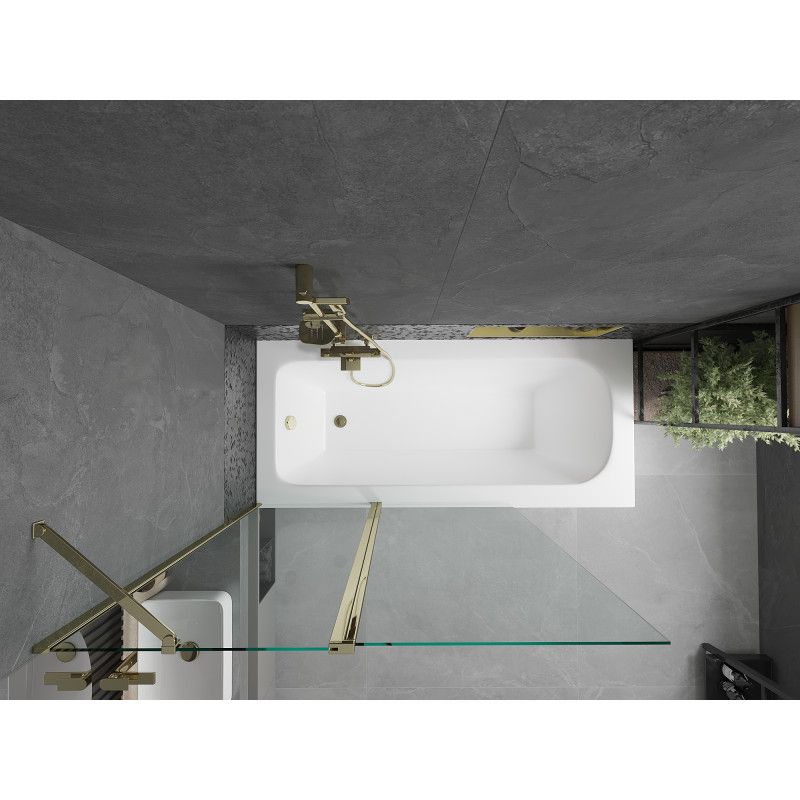 Rektangulært badekar Mexen Vega 160 x 70 cm med front- og sidebeklædning samt 1-fløjet brusevæg 120 cm i transparent guld