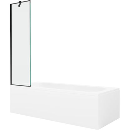 Rektangulært badekar Mexen Vega 160 x 70 cm med front- og sidepanel samt 1-fløjet brusevæg 50 cm med sort mønster, komplet sæt