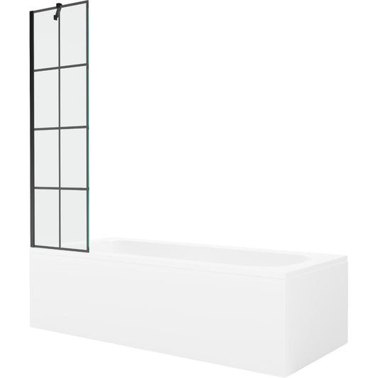 Rektangulært badekar Mexen Vega 160 x 70 cm med front- og sidebeklædning samt 1-fløjet brusevæg 50 cm med sort mønster, 1 sæt