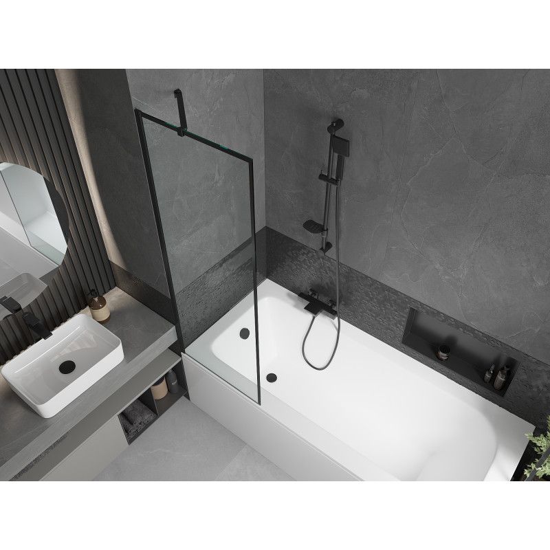 Rektangulært badekar Mexen Vega 160 x 70 cm med front- og sidebeklædning samt 1-fløjet brusevæg 60 cm med mat-sort mønster, komplet sæt