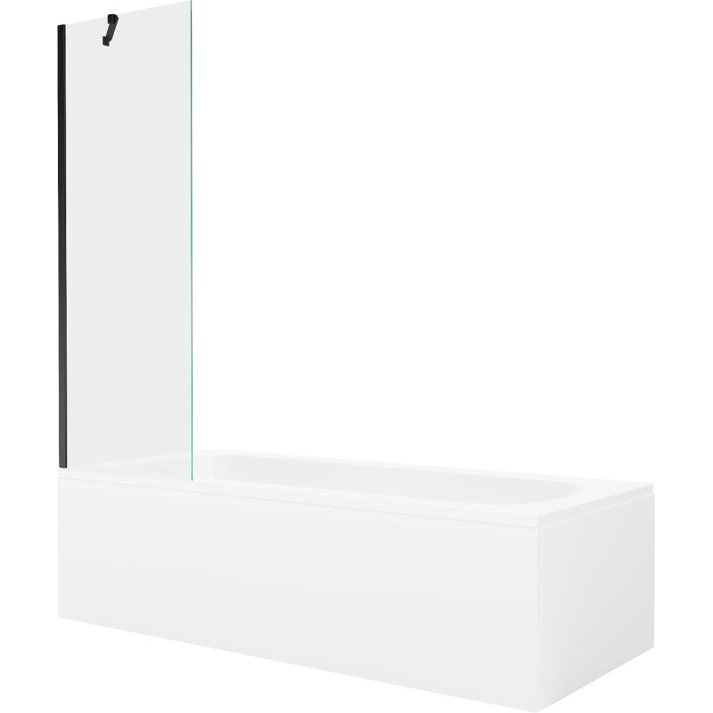 Rektangulært badekar Mexen Vega 160 x 70 cm med front- og sidepanel samt 1-fløjet brusevæg 60 cm i transparent sort, 1 sæt