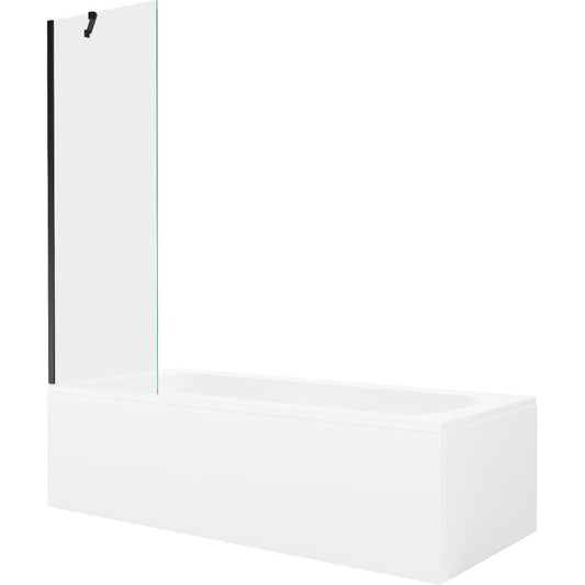 Rektangulært badekar Mexen Vega 160 x 70 cm med front- og sidepanel samt 1-fløjet brusevæg 60 cm i transparent sort, 1 sæt