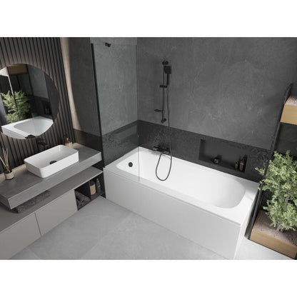 Rektangulært badekar Mexen Vega 160 x 70 cm med front- og sidepanel samt 1-fløjet brusevæg 60 cm i transparent sort, 1 sæt