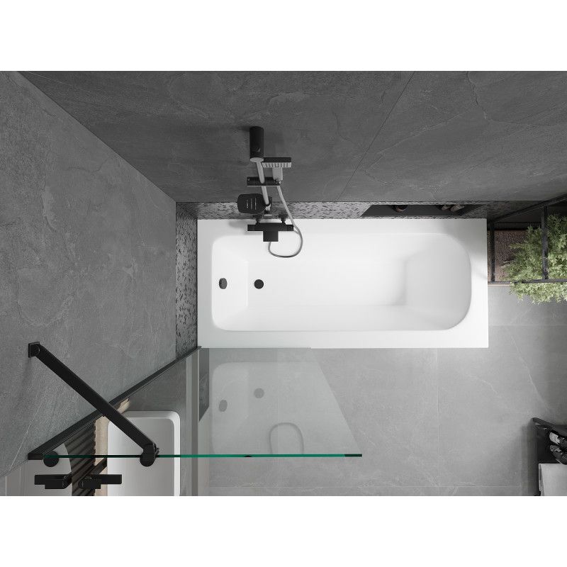 Rektangulært badekar Mexen Vega 160 x 70 cm med frontpanel og 1-fløjet brusevæg 70 cm transparent sort 1 sæt