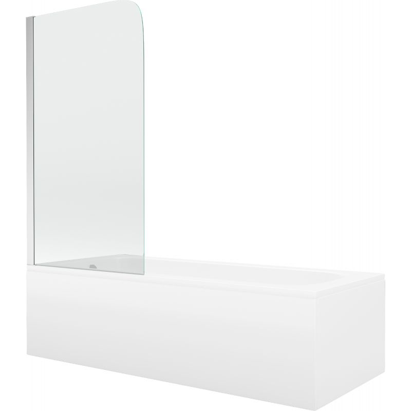 Rektangulært badekar Mexen Vega 160 x 70 cm med frontpanel og 1-fløjet brusevæg 75 cm i transparent krom, 1 sæt
