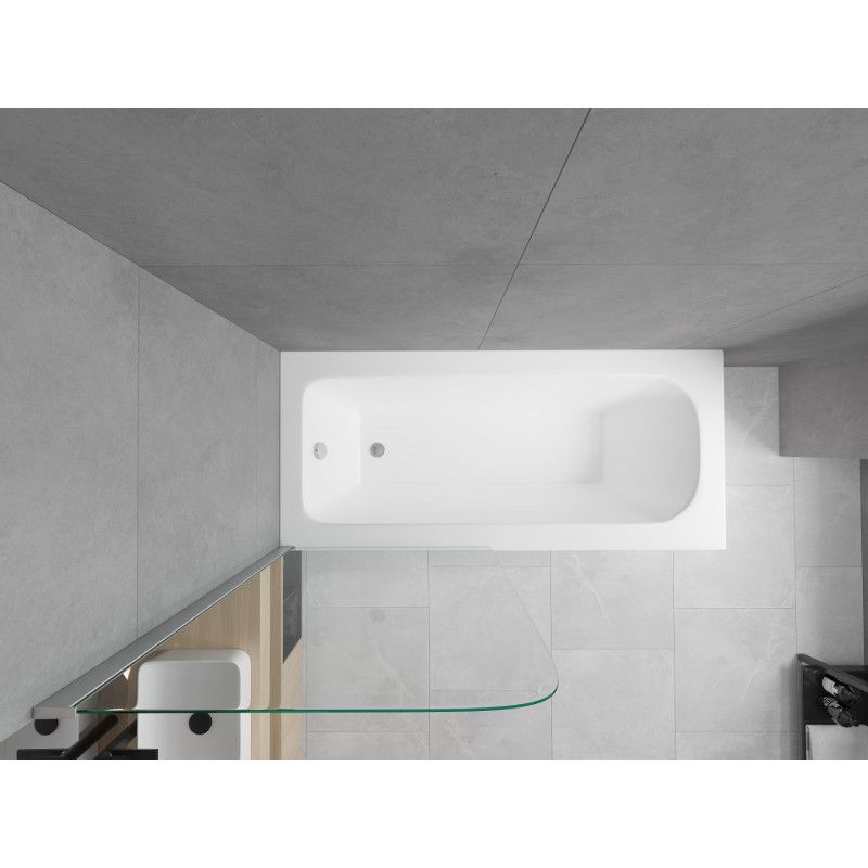Rektangulært badekar Mexen Vega 160 x 70 cm med frontpanel og 1-fløjet brusevæg 75 cm i transparent krom, 1 sæt
