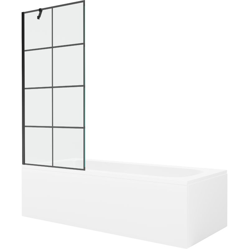 Rektangulært badekar Mexen Vega 160 x 70 cm med front- og sidepanel samt 1-fløjet brusevæg 80 cm med sort mønster, 1 sæt