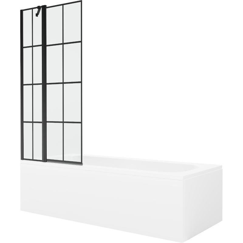 Rektangulært badekar Mexen Vega 160 x 70 cm med front- og sidepanel samt 1-fløjet brusevæg 80 cm med sort mønster, 1 sæt