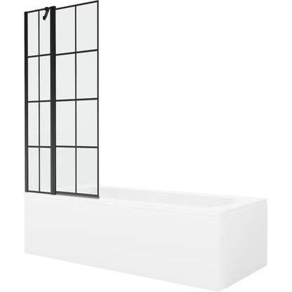 Rektangulært badekar Mexen Vega 160 x 70 cm med front- og sidepanel samt 1-fløjet brusevæg 80 cm med sort mønster, 1 sæt