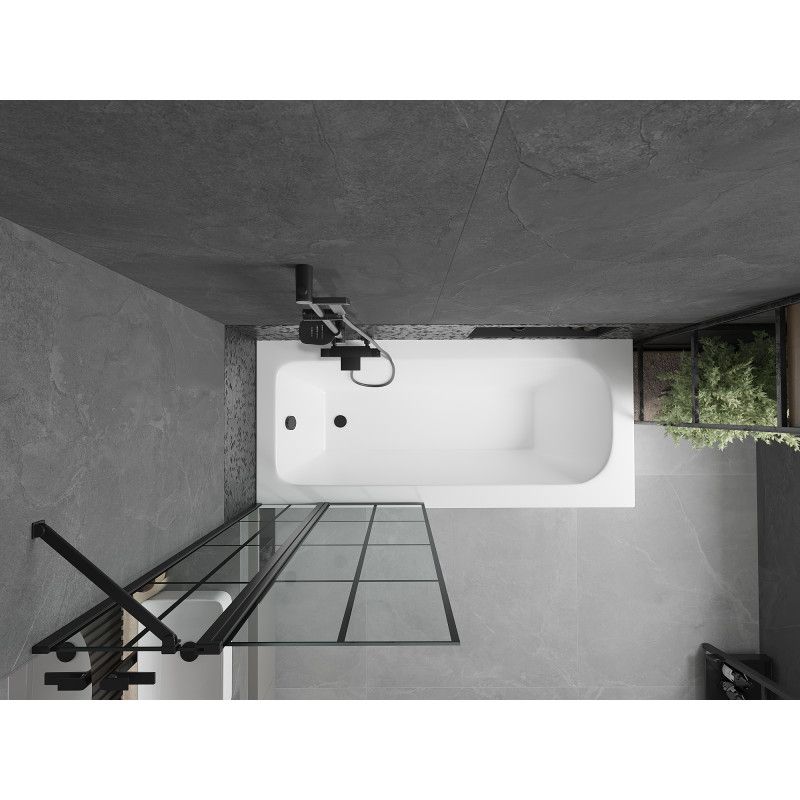 Rektangulært badekar Mexen Vega 160 x 70 cm med front- og sidepanel samt 1-fløjet brusevæg 80 cm med sort mønster, 1 sæt