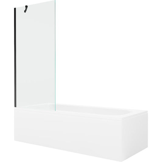Rektangulært badekar Mexen Vega 160 x 70 cm med frontpanel og 1-fløjet brusevæg 80 cm i transparent sort 1 sæt