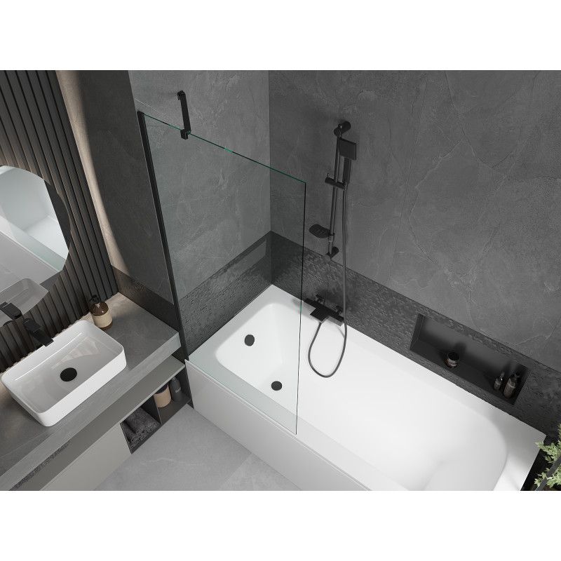 Rektangulært badekar Mexen Vega 160 x 70 cm med frontpanel og 1-fløjet brusevæg 80 cm i transparent sort 1 sæt