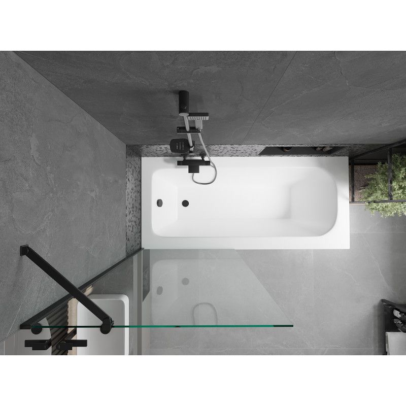 Rektangulært badekar Mexen Vega 160 x 70 cm med frontpanel og 1-fløjet brusevæg 80 cm i transparent sort 1 sæt