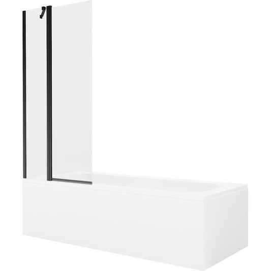 Rektangulært badekar Mexen Vega 160 x 70 cm med front- og sidebeklædning samt 1-fløjet brusevæg 80 cm i transparent sort