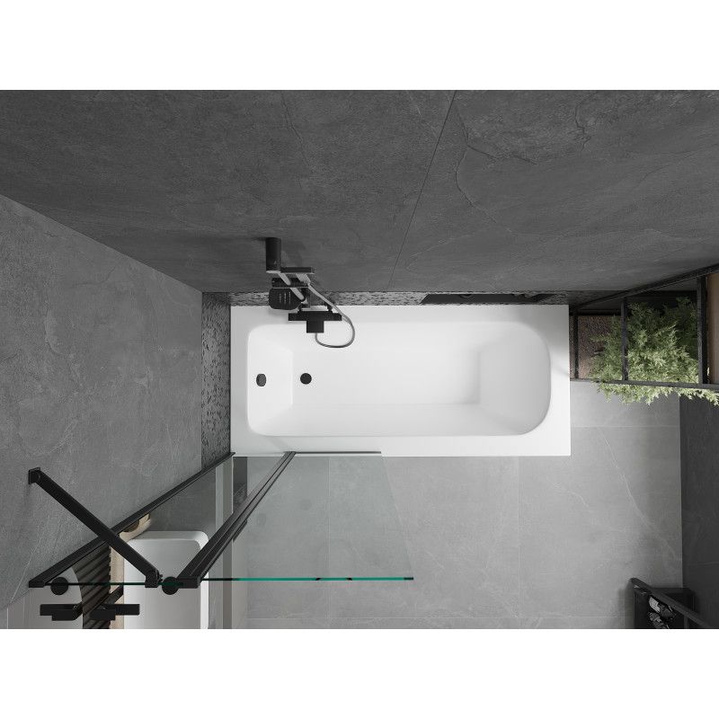 Rektangulært badekar Mexen Vega 160 x 70 cm med front- og sidebeklædning samt 1-fløjet brusevæg 80 cm i transparent sort