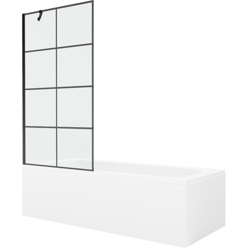 Rektangulært badekar Mexen Vega 160 x 70 cm med front- og sidepanel samt 1-fløjet brusevæg 90 cm i sort mønster, 1 sæt
