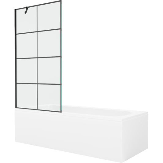 Rektangulært badekar Mexen Vega 160 x 70 cm med front- og sidepanel samt 1-fløjet brusevæg 90 cm i sort mønster, 1 sæt