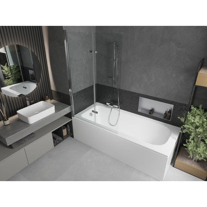 Rektangulært badekar Mexen Vega 160 x 70 cm med front- og sidebeklædning samt 2-fløjet brusevæg 100 cm i transparent krom, 1 sæt