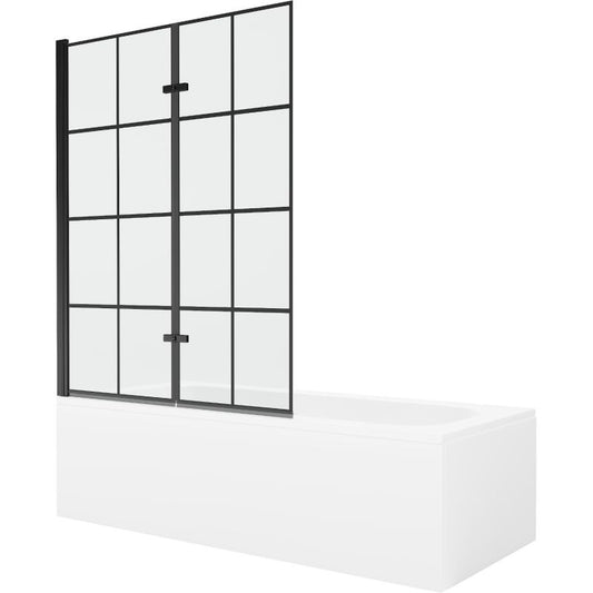 Rektangulært badekar Mexen Vega 160 x 70 cm med front- og sidepanel samt 2-fløjet brusevæg 120 cm i mat-sort mønster, komplet sæt