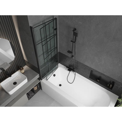 Rektangulært badekar Mexen Vega 160 x 70 cm med front- og sidepanel samt 2-fløjet brusevæg 120 cm i mat-sort mønster, komplet sæt