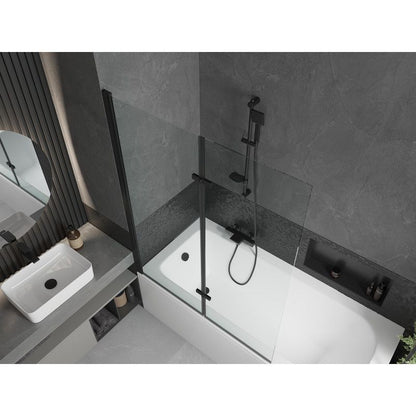 Rektangulært badekar Mexen Vega 160 x 70 cm med front- og sidebeklædning samt 2-fløjet brusevæg 120 cm transparent sort 1 sæt