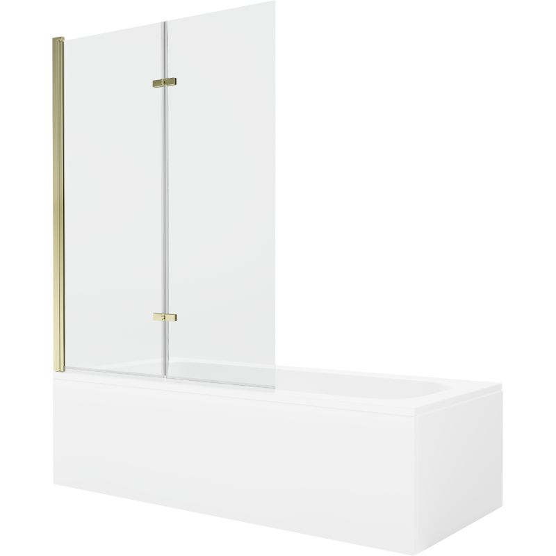 Rektangulært badekar Mexen Vega 160 x 70 cm med frontpanel og 2-fløjet brusevæg 120 cm transparent guld 1 sæt