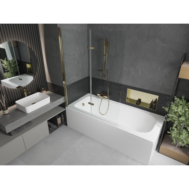 Rektangulært badekar Mexen Vega 160 x 70 cm med frontpanel og 2-fløjet brusevæg 120 cm transparent guld 1 sæt