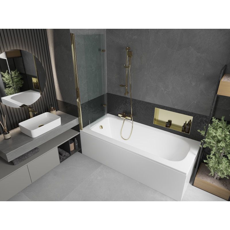 Rektangulært badekar Mexen Vega 160 x 70 cm med frontpanel og 2-fløjet brusevæg 120 cm transparent guld 1 sæt