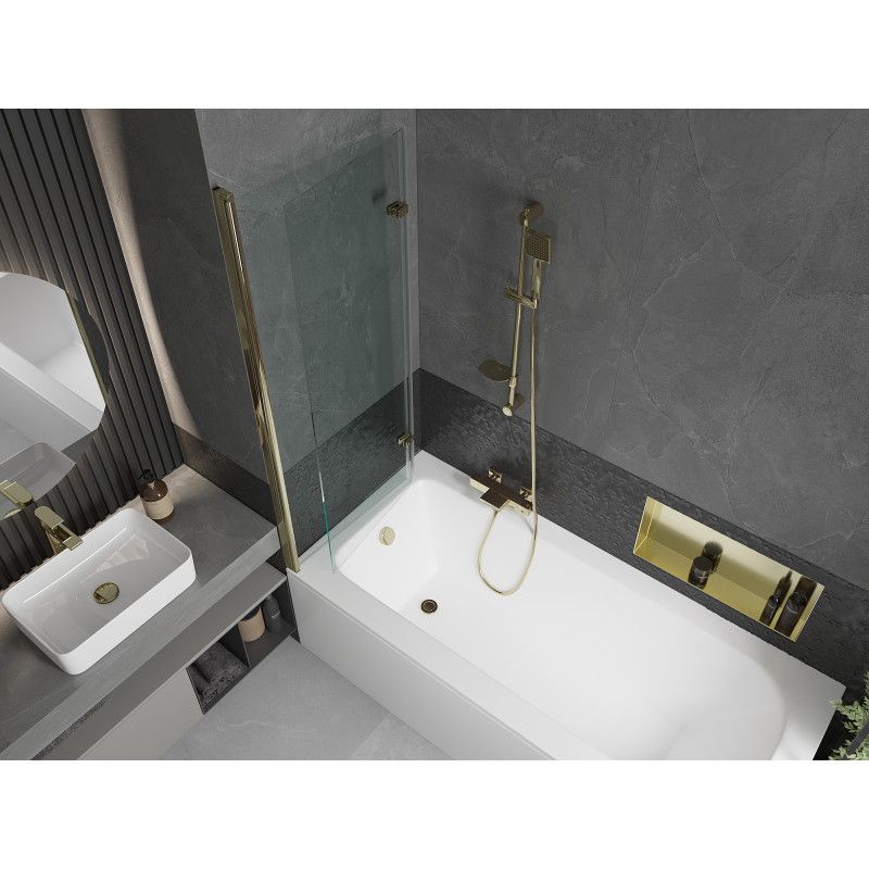 Rektangulært badekar Mexen Vega 160 x 70 cm med frontpanel og 2-fløjet brusevæg 120 cm transparent guld 1 sæt