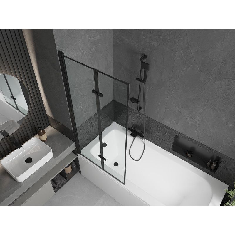 Rektangulært badekar Mexen Vega 160 x 70 cm med front- og sidepanel samt 2-fløjet brusevæg 80 cm med mat-sort mønster, 1 sæt