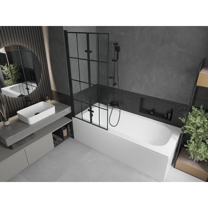 Rektangulært badekar Mexen Vega 160 x 70 cm med front- og sidepanel samt 2-fløjet brusevæg 80 cm i mat-sort mønster, komplet sæt