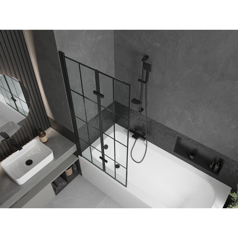Rektangulært badekar Mexen Vega 160 x 70 cm med front- og sidepanel samt 2-fløjet brusevæg 80 cm i mat-sort mønster, komplet sæt