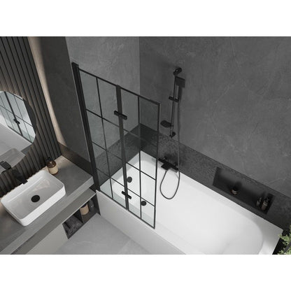 Rektangulært badekar Mexen Vega 160 x 70 cm med front- og sidepanel samt 2-fløjet brusevæg 80 cm i mat-sort mønster, komplet sæt