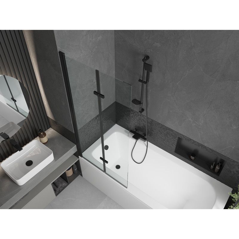 Rektangulært badekar Mexen Vega 160 x 70 cm med frontpanel, sidepanel og 2-fløjet brusevæg 80 cm transparent sort 1 sæt