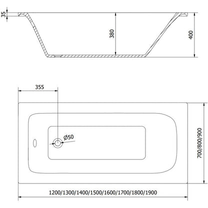 Rektangulært badekar Mexen Vega 170 x 70 cm med front- og sidebeklædning samt 1-fløjet brusevæg 100 cm med sort mønster, 1 sæt